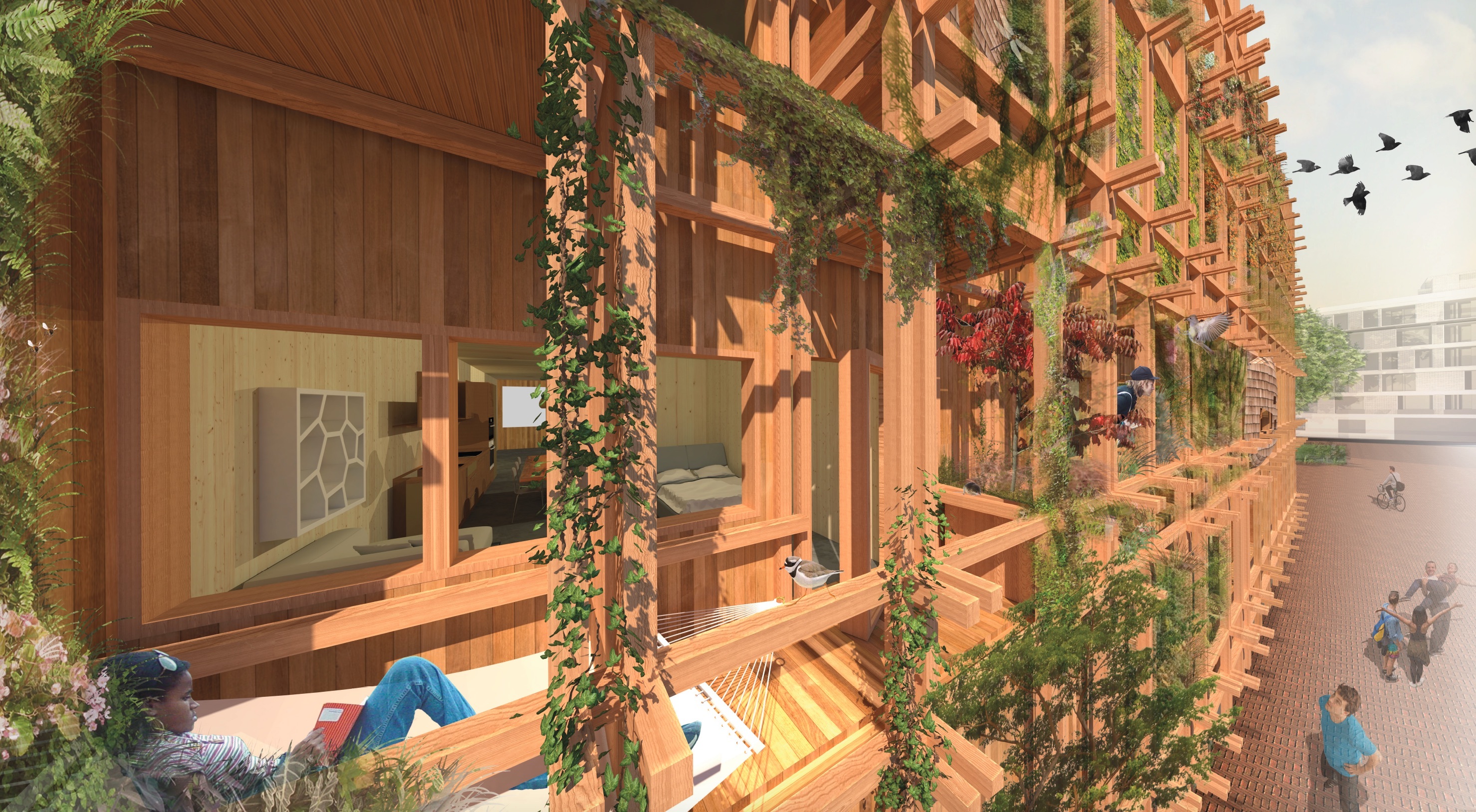 Ontwerpschets de Warren met houten gevels en balkons waar groene begroeing tegenaan groeit.