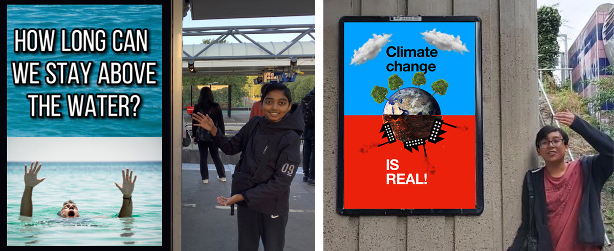 2 afbeeldingen met Kinderen in Amsterdams straatbeeld naast een poster. Poster 1 toont verdrikkende man met de tekst 'How lang can we stay above the water'. Poster twee toont een grafische aardbol met aan 1 kant bomen en blauwe lucht en aan de andere kant een rode lucht met fabrieken, tekst 'Climate change is real'