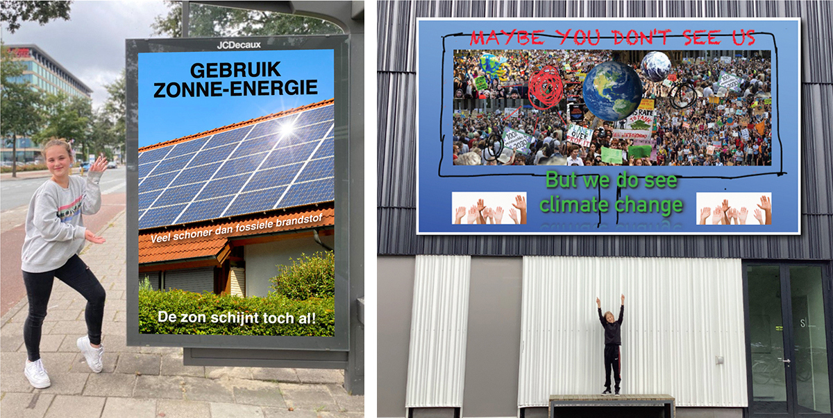 Twee afbeeldingen met kinderen in Amsterdams straatbeeld bij posters. Poster 1 toont zonnepanelen met de tekst 'Gebruik zonne-energie. Veel schoner dan fosiele brandstof. De zon schijnt toch al!'